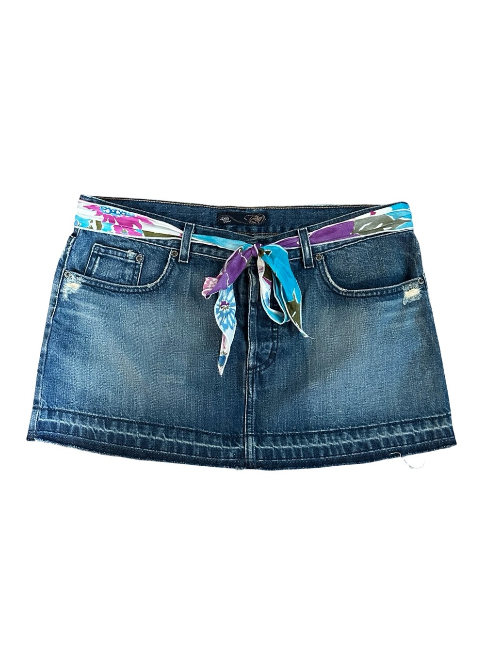 Roxy Blue Denim Mini Skirt with Floral Tie Belt